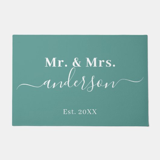 Elegant Blauwgroen Mr en Mrs Name Script Wedding Deurmat (Voorkant)