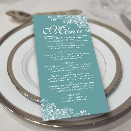 Elegant Blauwgroen of Donker Aqua & Wit Curls Brui Menu