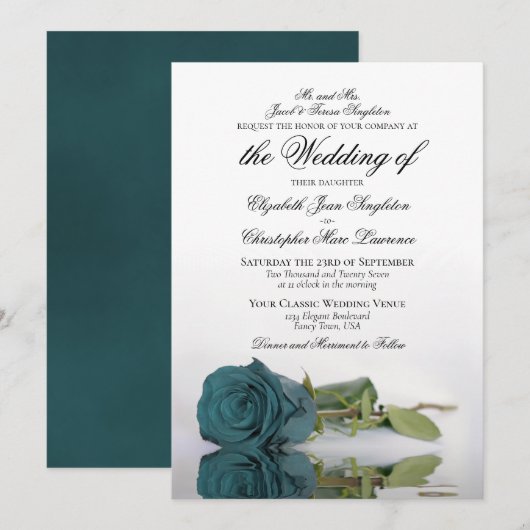 Elegant Blauwgroen of Turquoise Roos Formal Weddin Kaart (Voorkant / Achterkant)