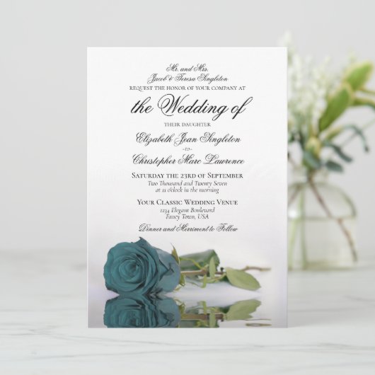 Elegant Blauwgroen of Turquoise Roos Formal Weddin Kaart (Staand voorkant)