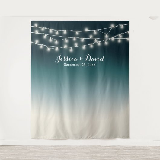 Elegant Blauwgroen Ombre String Lights Wedding Bac Wandkleed (Voorkant)