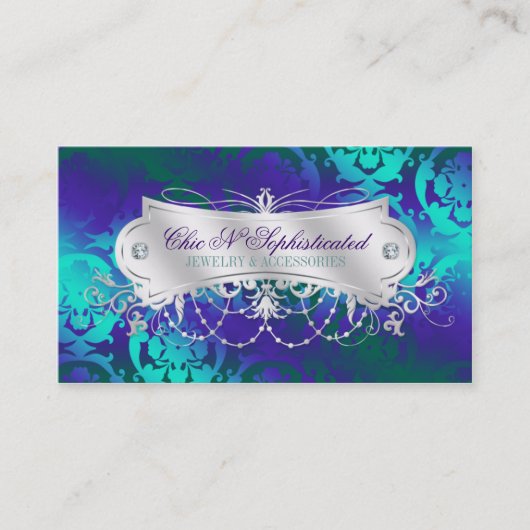 Elegant Blauwgroen Paars Damask Swirl Visitekaartje (Voorkant)