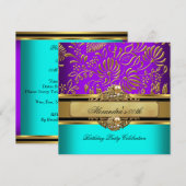 Elegant Blauwgroen Paars Gold Damask Birthday Part Kaart (Voorkant / Achterkant)