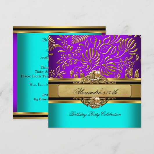 Elegant Blauwgroen Paars Gold Damask Birthday Part Kaart (Voorkant / Achterkant)