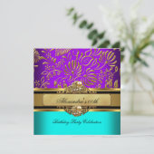 Elegant Blauwgroen Paars Gold Damask Birthday Part Kaart (Staand voorkant)