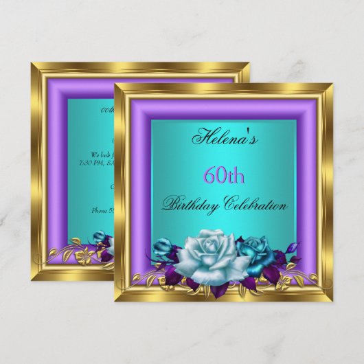 Elegant Blauwgroen Paars Roos Birthday Party 4b Kaart