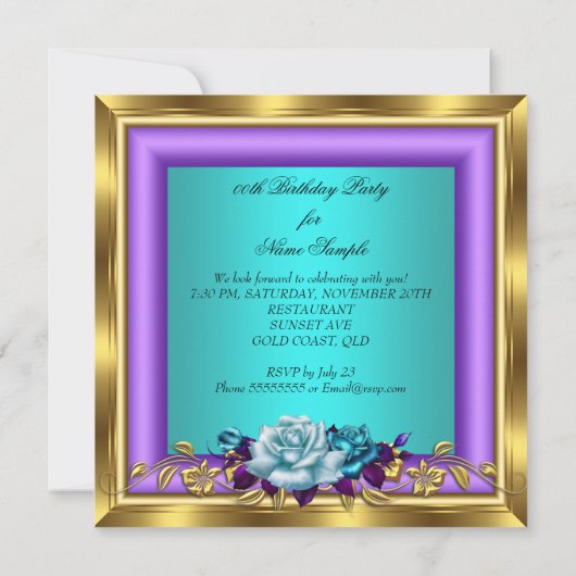Elegant Blauwgroen Paars Roos Birthday Party 4b Kaart (Achterkant)