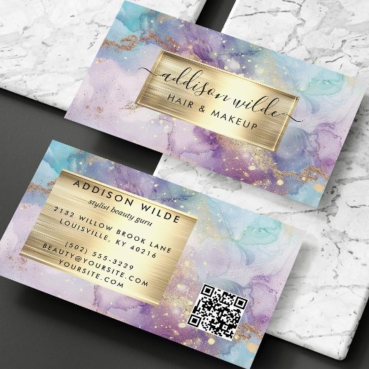 Elegant Blauwgroen Paarse en gouden Waterverf marm Visitekaartje