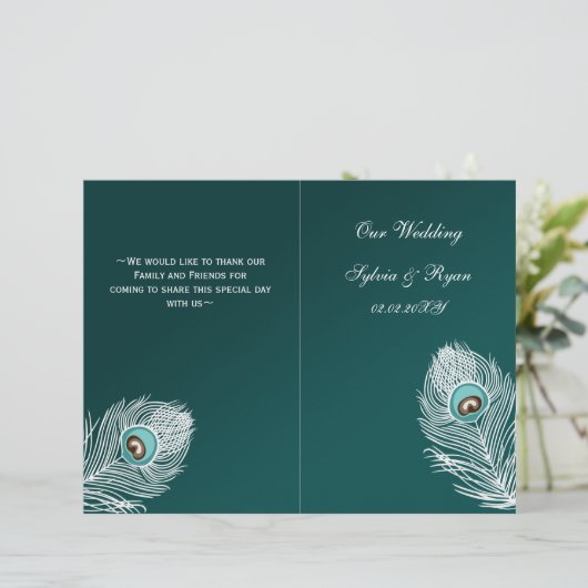 Elegant blauwgroen pauw gevouwen Wedding Programme (Staand voorkant)