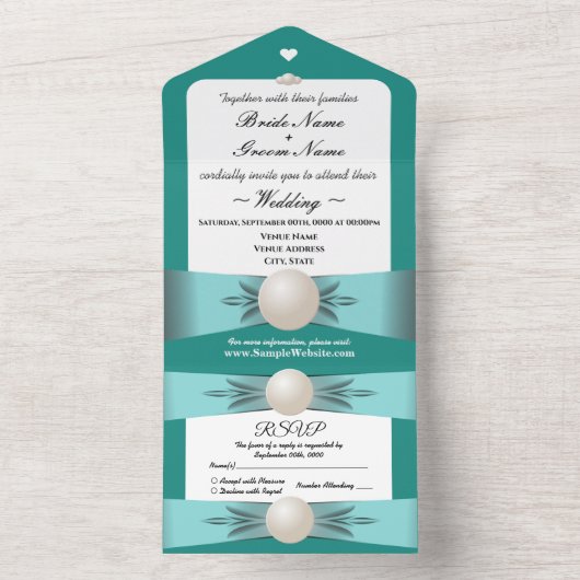 Elegant Blauwgroen Pearl Lint Bruiloft & RSVP Alle All In One Uitnodiging (Binnen)