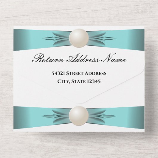 Elegant Blauwgroen Pearl Lint Bruiloft & RSVP Alle All In One Uitnodiging (Achterkant)