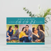 Elegant Blauwgroen Photo Collage Wedding Save The Date (Staand voorkant)