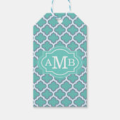 Elegant Blauwgroen Quatrefoil Patroon Aangepast Mo Cadeaulabel (Voorkant)