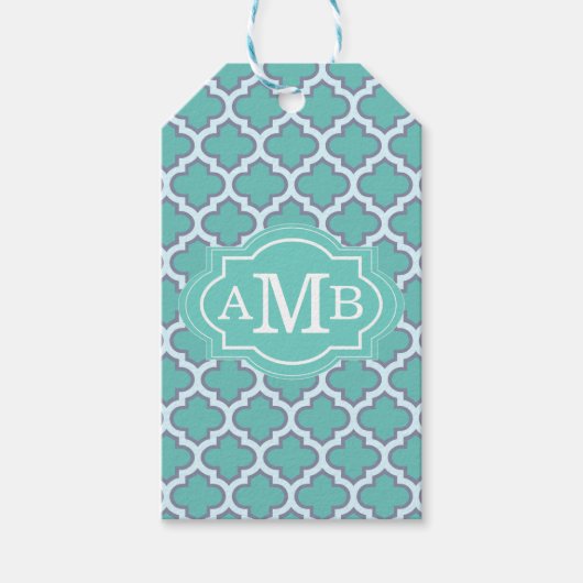 Elegant Blauwgroen Quatrefoil Patroon Aangepast Mo Cadeaulabel (Voorkant)
