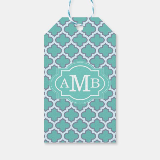 Elegant Blauwgroen Quatrefoil Patroon Aangepast Mo Cadeaulabel (Achterkant)