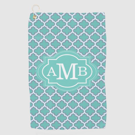 Elegant Blauwgroen Quatrefoil Patroon Aangepast Mo Golfhanddoek (Voorkant)