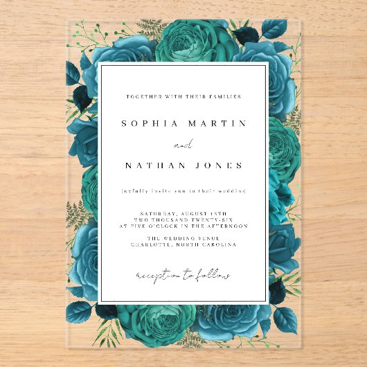 Elegant Blauwgroen Roos Clear Wedding Acryl Uitnodigingen (Voorkant)