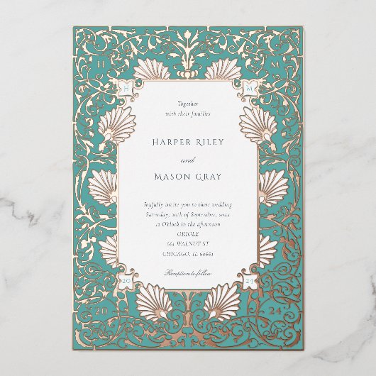 Elegant Blauwgroen Roos gouden bruiloft Folie Uitnodiging (Voorkant)