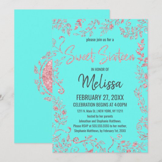 Elegant Blauwgroen Roos Gouden Glitter Bloemrijk S Kaart (Voorkant / Achterkant)