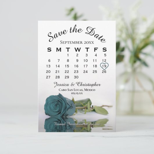 Elegant Blauwgroen Roos Romantic Wedding Calendar Save The Date (Staand voorkant)