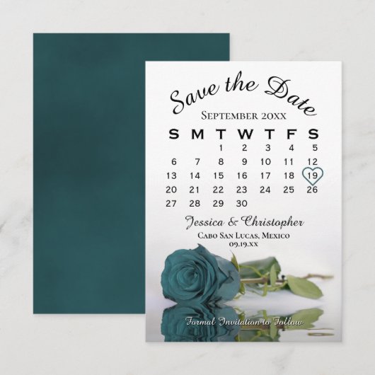 Elegant Blauwgroen Roos Romantic Wedding Calendar Save The Date (Voorkant / Achterkant)