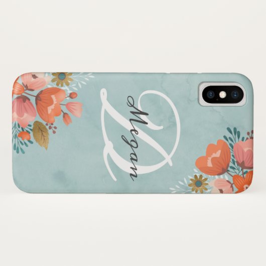 Elegant Blauwgroen roze bloemenmonogram Case-Mate iPhone Case (Achterkant (horizontaal))