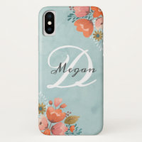 Elegant Blauwgroen roze bloemenmonogram