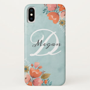 Elegant Blauwgroen roze bloemenmonogram Case-Mate iPhone Case