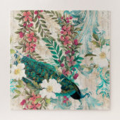 Elegant Blauwgroen Roze Cream Peacock Floral Legpuzzel (Horizontaal)