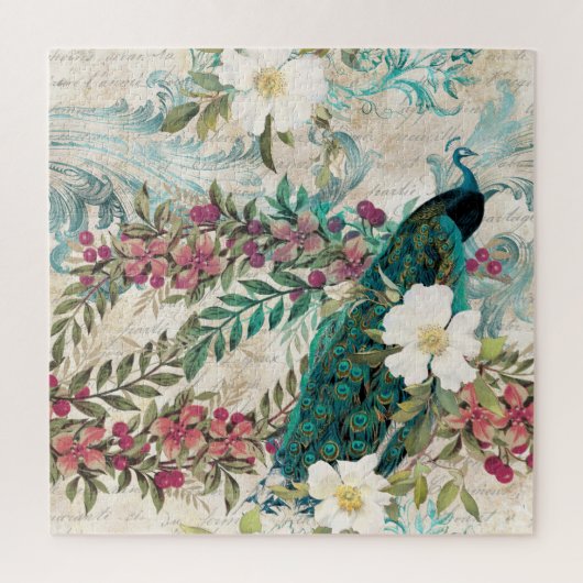 Elegant Blauwgroen Roze Cream Peacock Floral Legpuzzel (Verticaal)