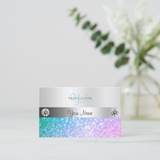 Elegant Blauwgroen Roze Glitter Monogram Lumineus  Visitekaartje (Staand voorkant)