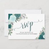 Elegant Blauwgroen Rozen Floral Calligraphy Weddin RSVP Kaartje (Voorkant)