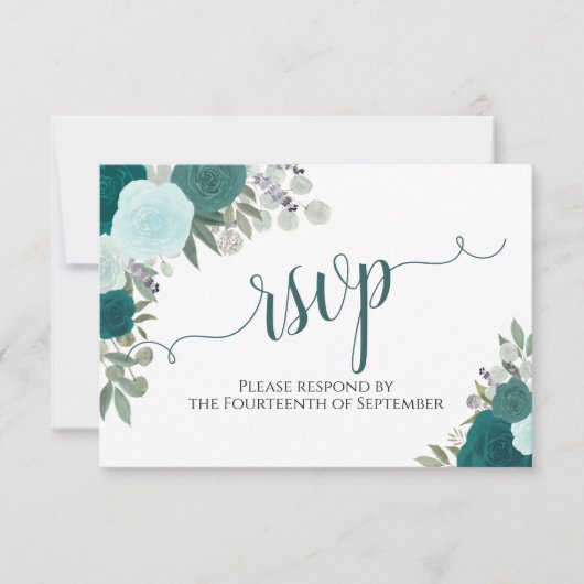Elegant Blauwgroen Rozen Floral Calligraphy Weddin RSVP Kaartje (Voorkant)