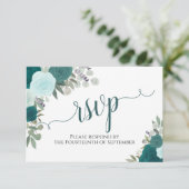 Elegant Blauwgroen Rozen Floral Calligraphy Weddin RSVP Kaartje (Staand voorkant)