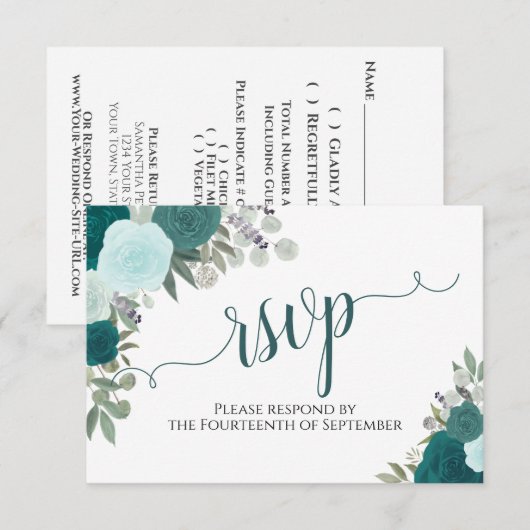 Elegant Blauwgroen Rozen Floral Calligraphy Weddin RSVP Kaartje (Voorkant / Achterkant)