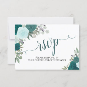 Elegant Blauwgroen Rozen Floral Calligraphy Weddin RSVP Kaartje