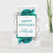 Elegant Blauwgroen Rozen & Zilver Glitter Birthday Kaart (Voorkant)