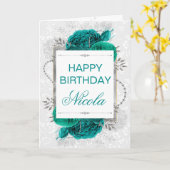 Elegant Blauwgroen Rozen & Zilver Glitter Birthday Kaart (Gele Bloem)