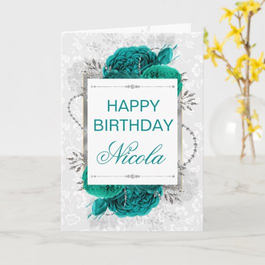 Elegant Blauwgroen Rozen & Zilver Glitter Birthday Kaart (Gele Bloem)