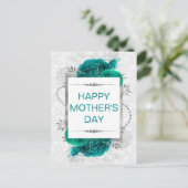 Elegant Blauwgroen Rozen & zilver Glitter Moederda Briefkaart (Staand voorkant)