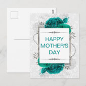 Elegant Blauwgroen Rozen & zilver Glitter Moederda Briefkaart (Voorkant / Achterkant)