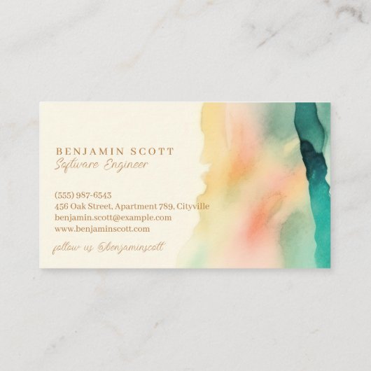 Elegant Blauwgroen Sandy Waterverf Coastal Charm D Visitekaartje (Achterkant)