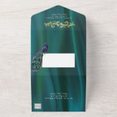 Elegant Blauwgroen satijn en pauw All In One Uitnodiging (Buitenkant)