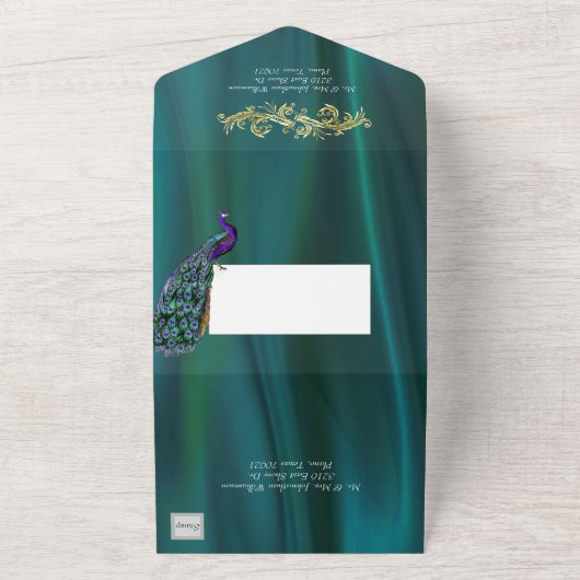 Elegant Blauwgroen satijn en pauw All In One Uitnodiging (Buitenkant)