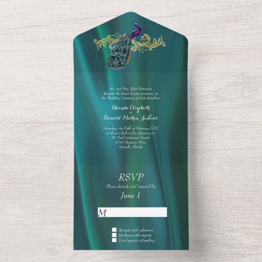 Elegant Blauwgroen satijn en pauw All In One Uitnodiging (Binnen)