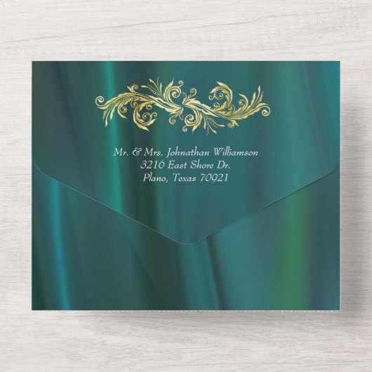 Elegant Blauwgroen satijn en pauw All In One Uitnodiging (Achterkant)