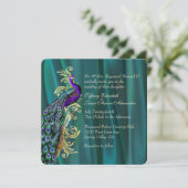 Elegant Blauwgroen Satin en Peacock Wedding Invita Kaart (Staand voorkant)
