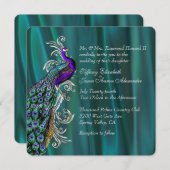 Elegant Blauwgroen Satin en Peacock Wedding Invita Kaart (Voorkant / Achterkant)
