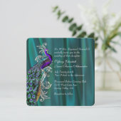 Elegant Blauwgroen Satin en Peacock Wedding Invita Kaart (Staand voorkant)
