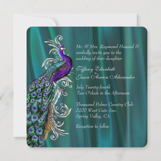 Elegant Blauwgroen Satin en Peacock Wedding Invita Kaart (Voorkant)
